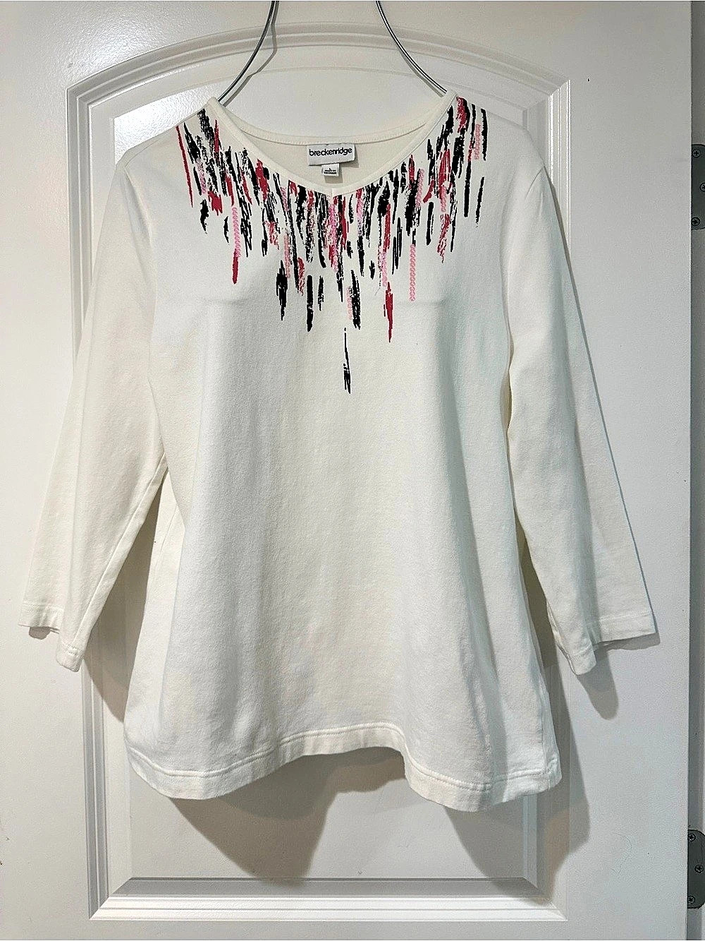 Breckenridge White 3/4 Sleeve Embellished Top Size L (Fits Medium)